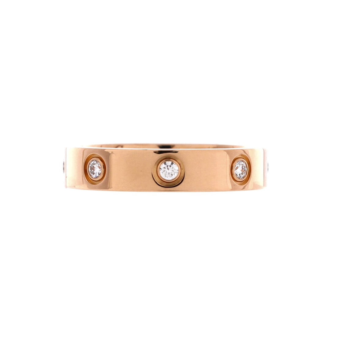 Cartier Love Wedding Band 8 Diamonds Ring 18K Rose Gold with Diamonds: Screw heads and diamonds alternate around this 18K rose gold Love band, eight stones in total, each sunk into the metal rather than raised above it. The 3.95 mm width stacks cleanly against a slimmer 