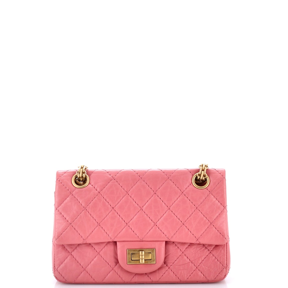 Chanel Reissue 2.55 Flap Bag Quilted Aged Calfskin: Aged calfskin is the reason bidders chase a Reissue, and on a 7.5 in frame the matte grain and quilting sit close and dense. The mademoiselle lock reads deliberately oversized against a flap this smal