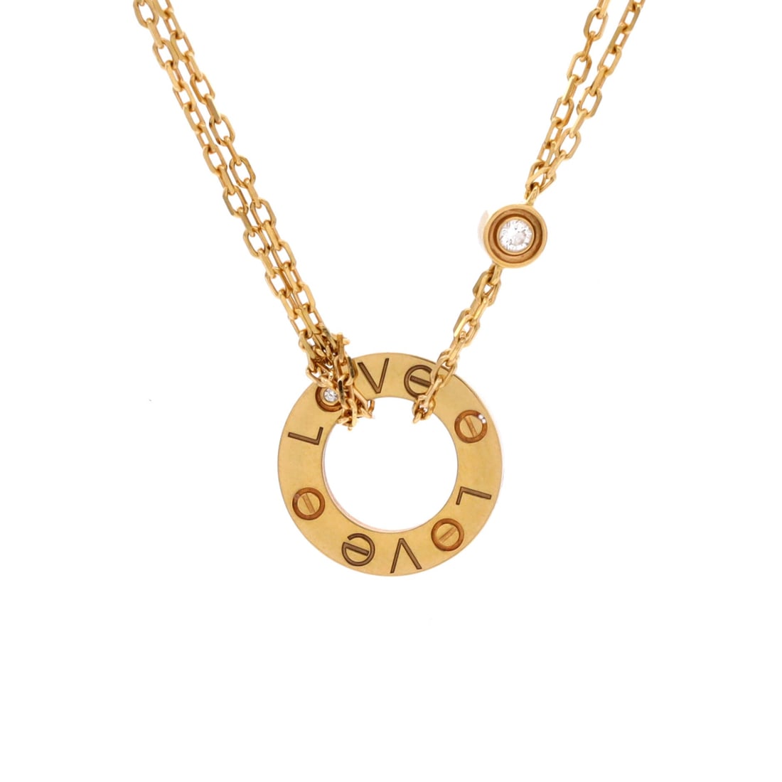 Cartier 2 Diamonds Love Pendant Necklace 18K Yellow Gold and Diamonds: Yellow gold is where the Love motif started, and the pendant keeps the screws while adding two flush diamonds across 13.05 mm. A 15 to 16 inch chain holds it just under the collarbone. Grade B - Excel