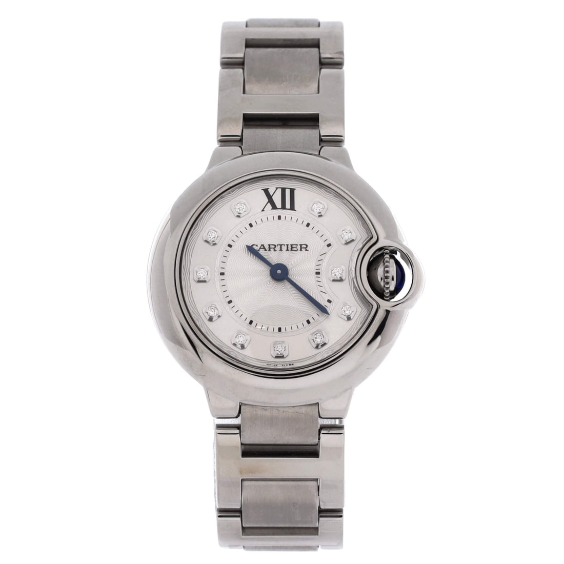 Cartier Ballon Bleu de Cartier Quartz Watch Stainless Steel with Diamond Markers: Markers set with diamonds sit on the dial rather than the bezel, keeping this 28mm Ballon Bleu closer to a watch than a bracelet. Quartz and a 9mm case give it the slimmest profile of the group, and t