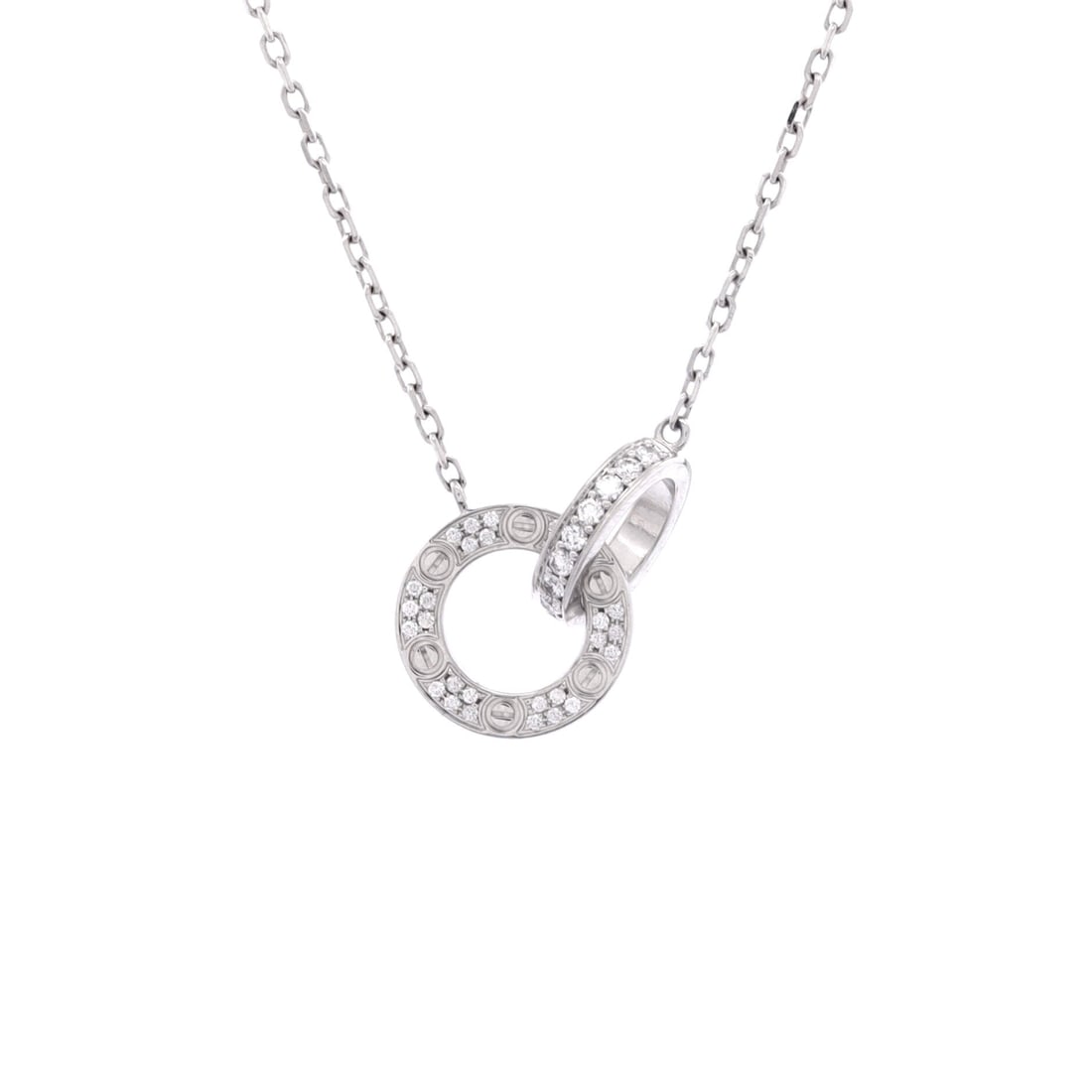 Cartier Love Interlocking Pave Necklace 18K White Gold and Diamonds: Adjustability is the practical advantage here: 14.75 to 16 in of white gold chain, so the diamond motif can be worn tight at the throat or dropped onto the chest. The circles themselves are 0.75 in ac