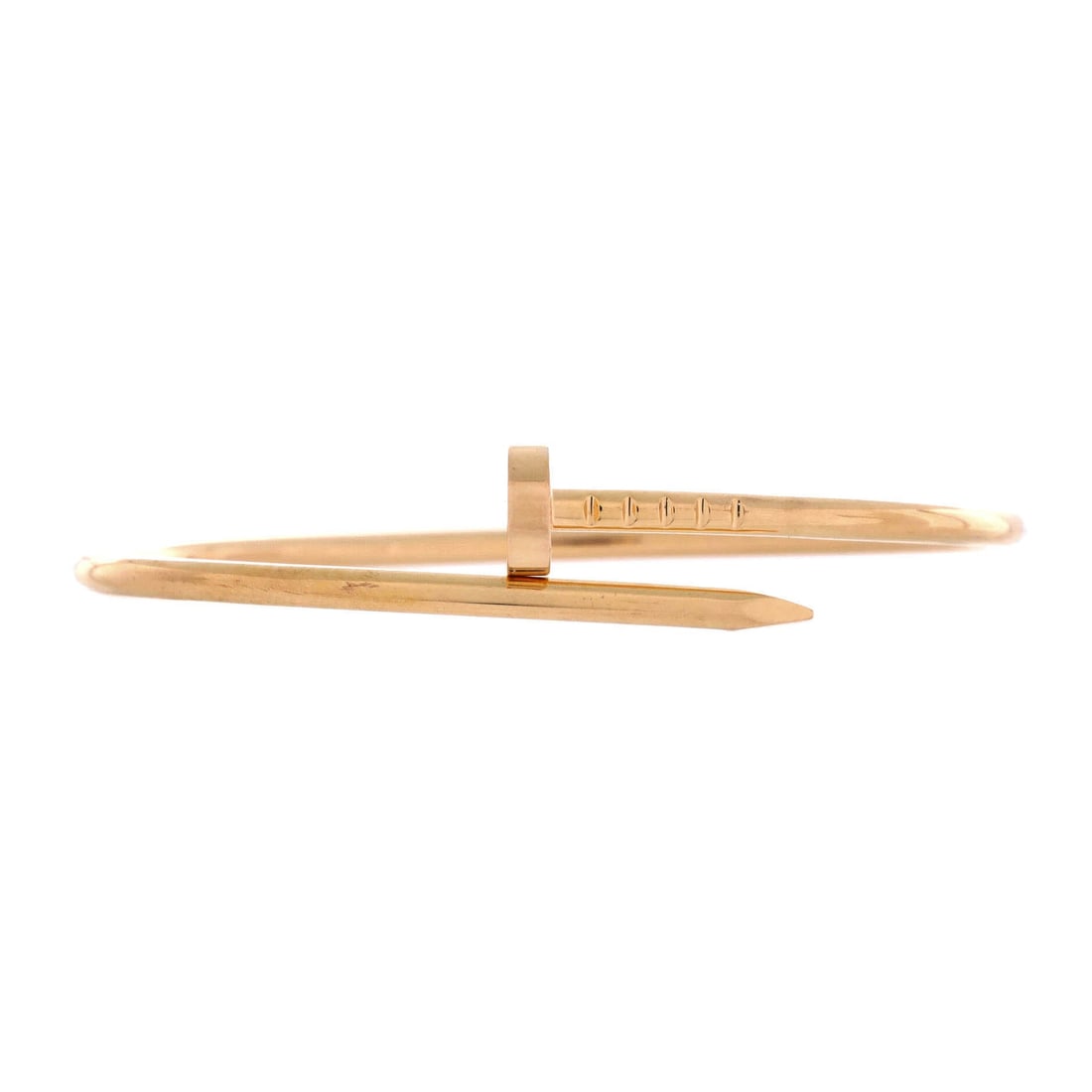 Cartier Juste un Clou Bracelet 18K Rose Gold: A slim 2.5 mm shank keeps this rose gold bracelet closer to a drawn line than a bangle. It is cut small, which will suit a bidder who finds the standard runs loose. The condition is Grade C - Very Goo