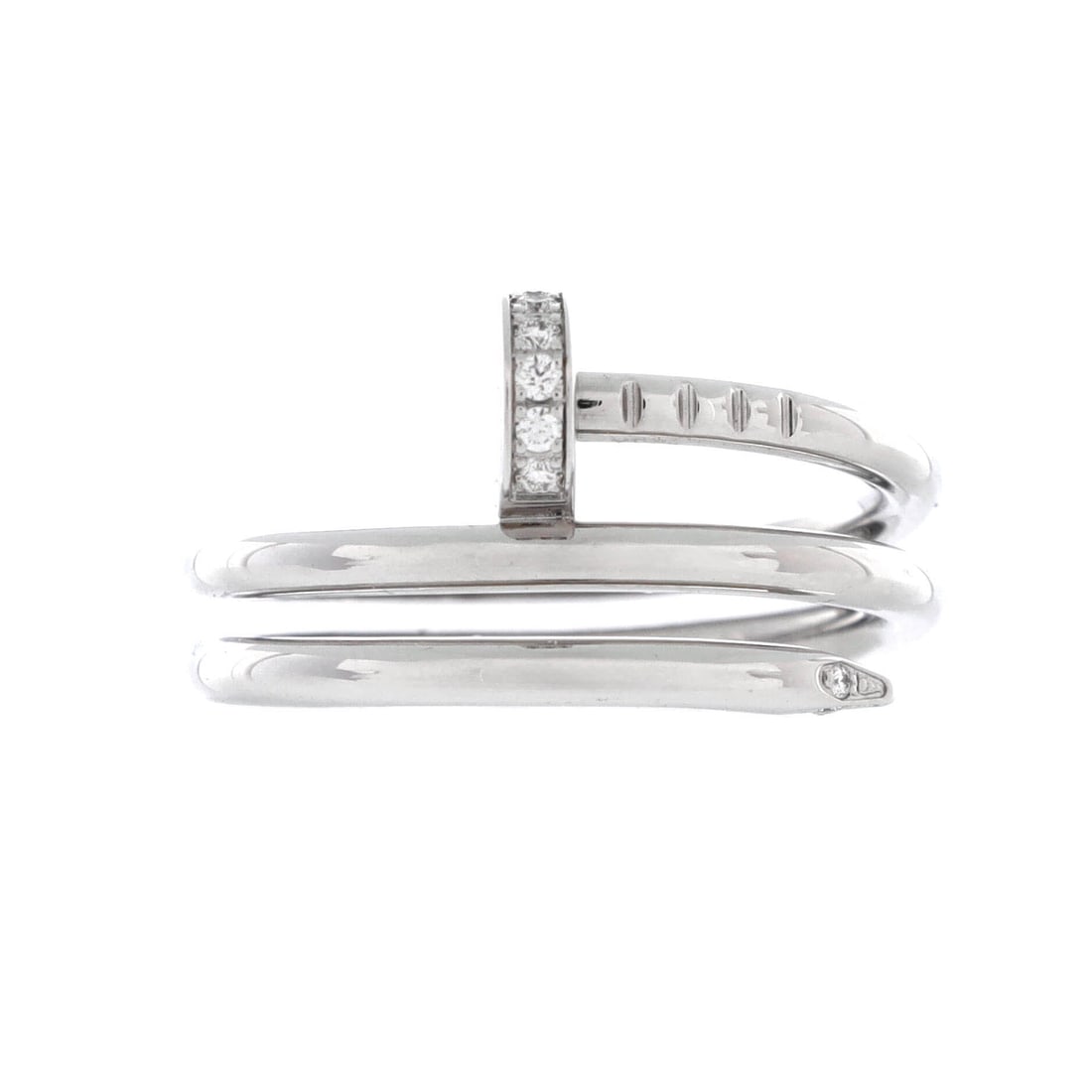 Cartier Juste un Clou Double Ring 18K White Gold and Diamonds: White gold, diamonds and a full 11 mm band give the double ring at its most emphatic, sitting high on the finger and impossible to overlook at conversational distance. Grade C - Very Good, so expect p