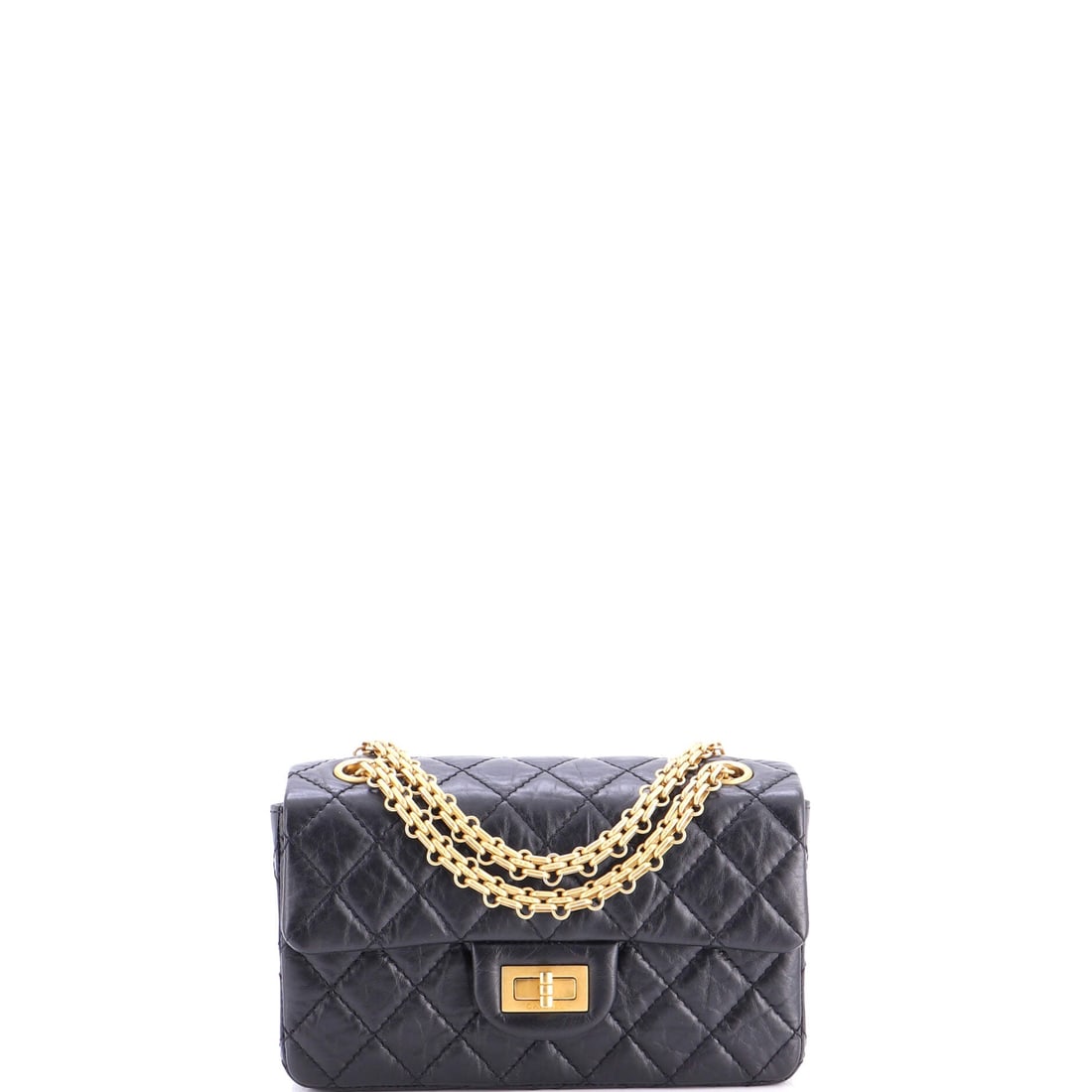 Chanel Reissue 2.55 Flap Bag Quilted Aged Calfskin: Small Reissues wear better than their dimensions suggest; at 5 in tall with a 3 in gusset, this one still stands upright with a phone and cardholder inside. The all-metal woven chain hangs 11 in, keep