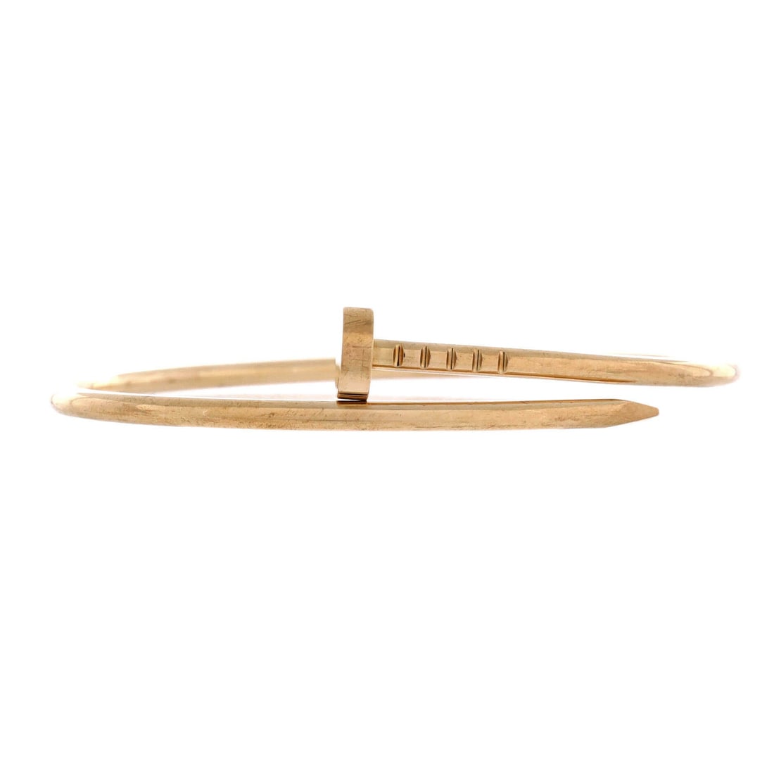 Cartier Juste un Clou Bracelet 18K Yellow Gold: Slim yellow gold at 2.5 mm, wrapped into the nail silhouette the whole line is built on, with no stones and no distraction. Sizing sits above the middle of the range, so it will move on an average wri