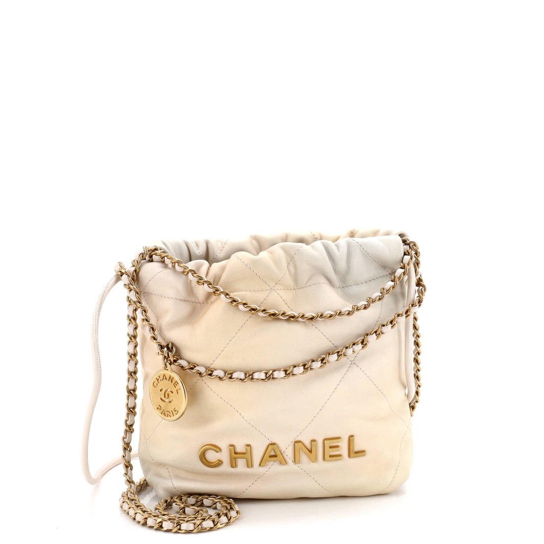 Chanel 22 Chain Hobo Quilted Shaded Calfskin: The 22's drawstring top gathers through metal eyelets instead of closing on a clasp, which is what keeps this silhouette loose. Seven inches wide by 7.5 high, the bag slouches without spreading on the