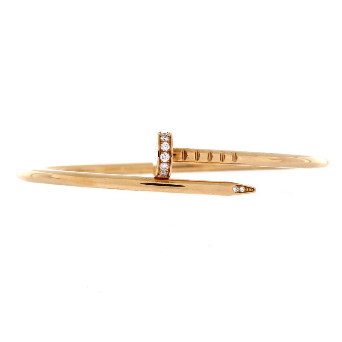 Cartier Juste un Clou Bracelet 18K Yellow Gold with Diamonds: Diamonds on a yellow gold Juste un Clou soften the tougher instincts of the model, and at 2.5 mm the shank keeps the effect precise rather than heavy. It runs tight, holding close to the wrist where t