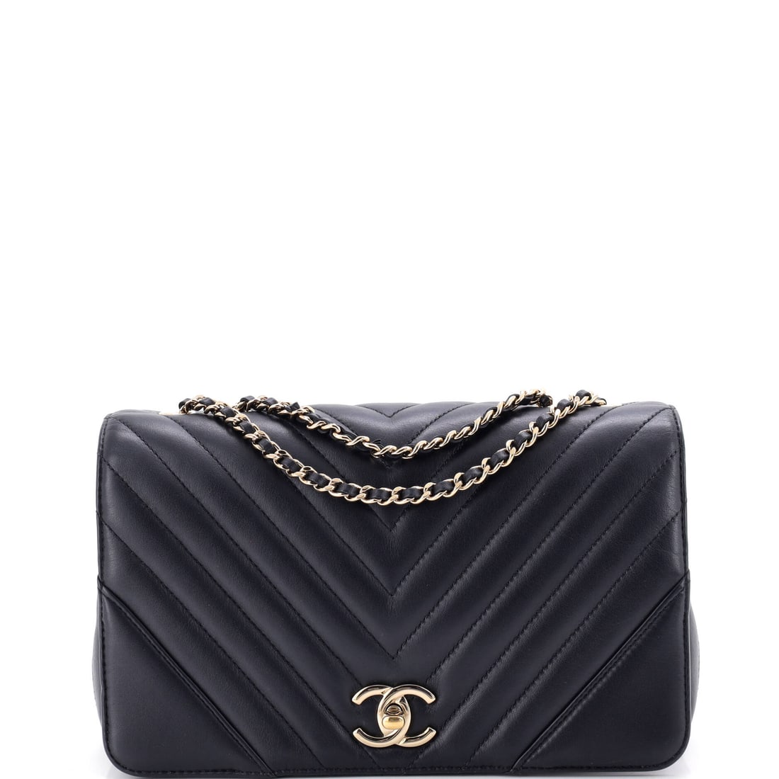 Chanel Statement Flap Bag Chevron Calfskin: Broad and low, the Statement flap reads more like an oversized envelope than a classic quilted bag, and chevron calfskin exaggerates that horizontal. It comes in at Grade B - Excellent, chevron lines 