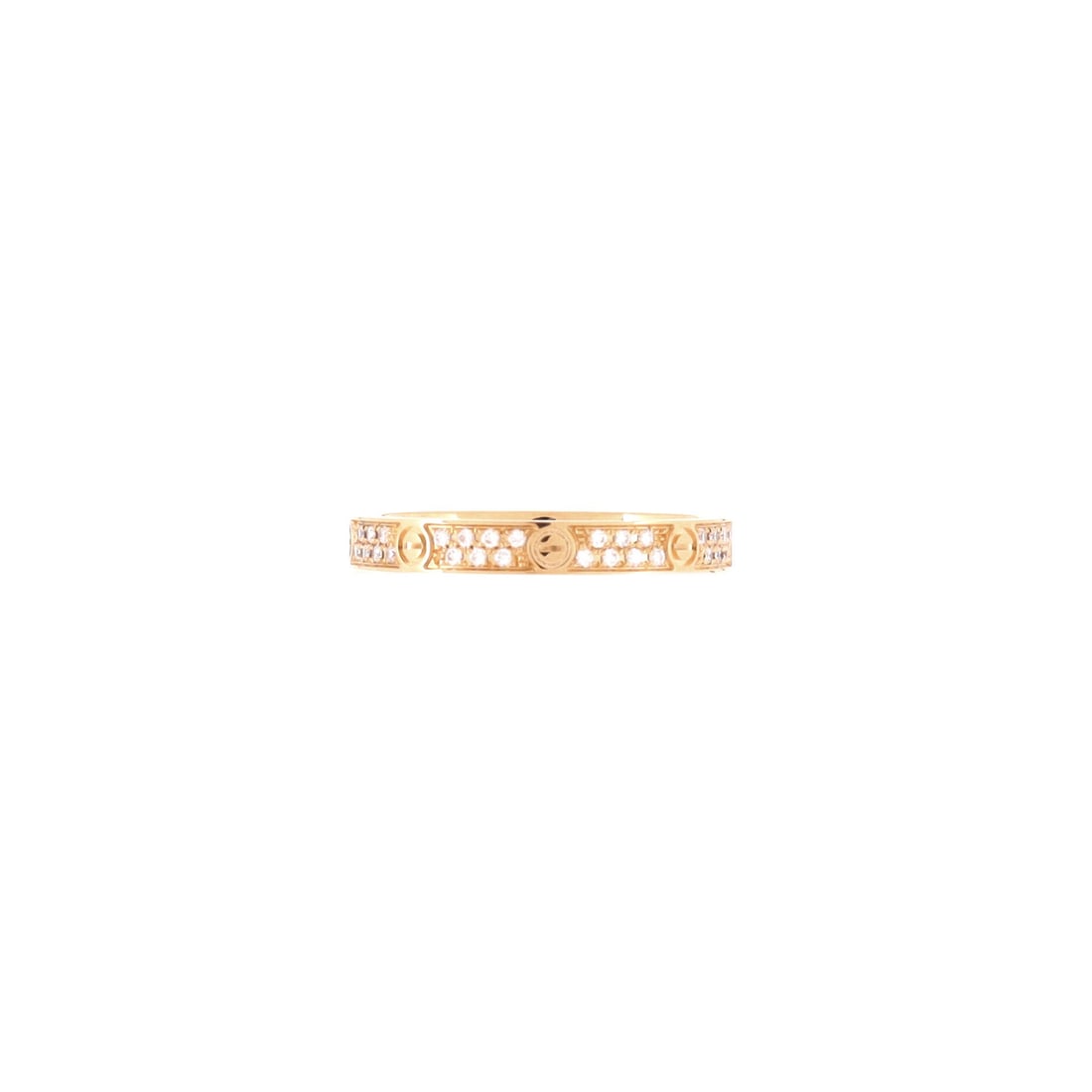 Cartier Love Wedding Band Pave Diamonds Ring 18K Yellow Gold and Diamonds: At 2.55 mm this is the slim cut of the pave Love band, narrow enough to sit tight against an engagement ring without fighting it. Yellow gold under the stones warms the whole line, which suits a bidde