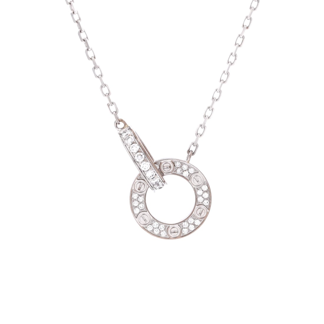 Cartier Love Interlocking Pave Necklace 18K White Gold and Diamonds: Diamonds set right around both Love circles make this a piece for lamplight, the 0.75 in motif returning more brightness than its size suggests. White gold keeps the setting near-invisible, and the ch