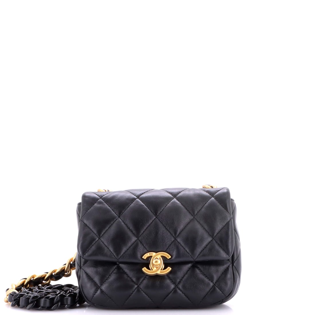 Chanel Lacquered Metal CC Flap Bag Quilted Lambskin: The lacquered CC on the front is the point of difference here, glossy hardware set against soft quilted lambskin for a sharper contrast than polished metal gives. Seven inches wide by 5 high with a sl