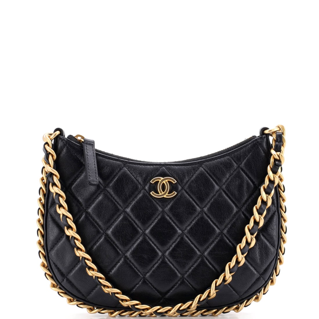 Chanel CC Chain Around Hobo Quilted Lambskin: Like a soft envelope hung on a chain, the Chain Around hobo wears easily, and at W 9 x H 5 x D 1.5 in this is the larger of the widths the model takes. Lambskin quilting keeps it supple while the slim