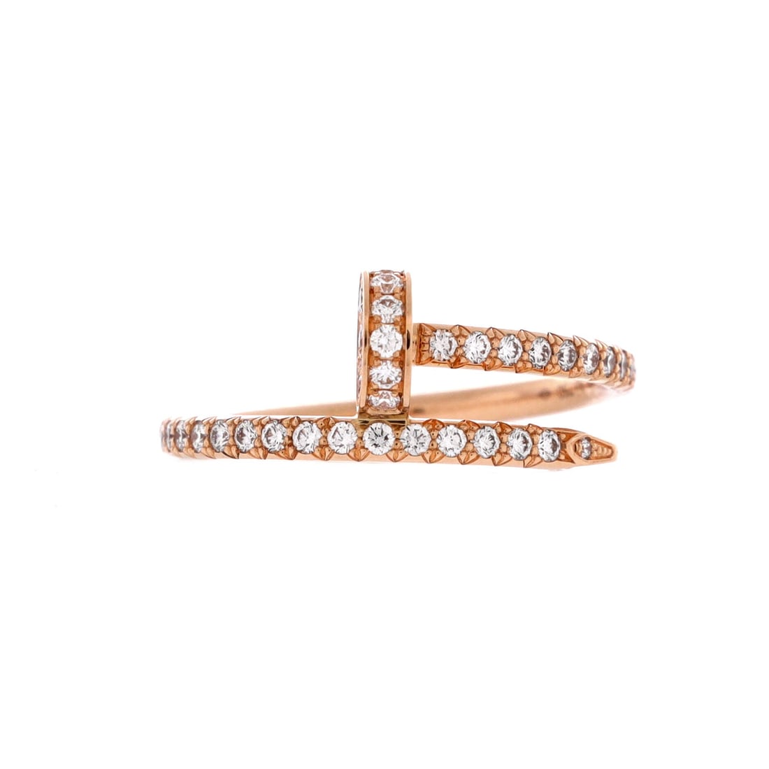 Cartier Juste un Clou Paved Ring 18K Rose Gold with Diamonds: Fully paved and only 1.8 mm across, this is the most delicate expression of the nail in Cartier's ring range, a thin line of diamonds curving around the finger. The narrow band means it stacks cleanly