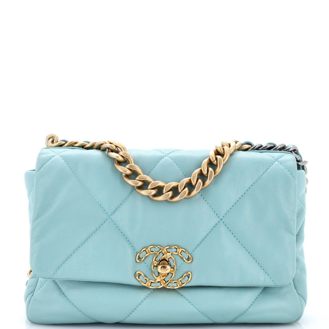 Chanel 19 Flap Bag Quilted Leather: Soft-bodied and unstructured, a leather 19 at ten by 6.5 inches trades rigidity for a slouch that sits close to the body. Depth of 3.5 inches takes a phone, keys, cardholder and compact. The oversized