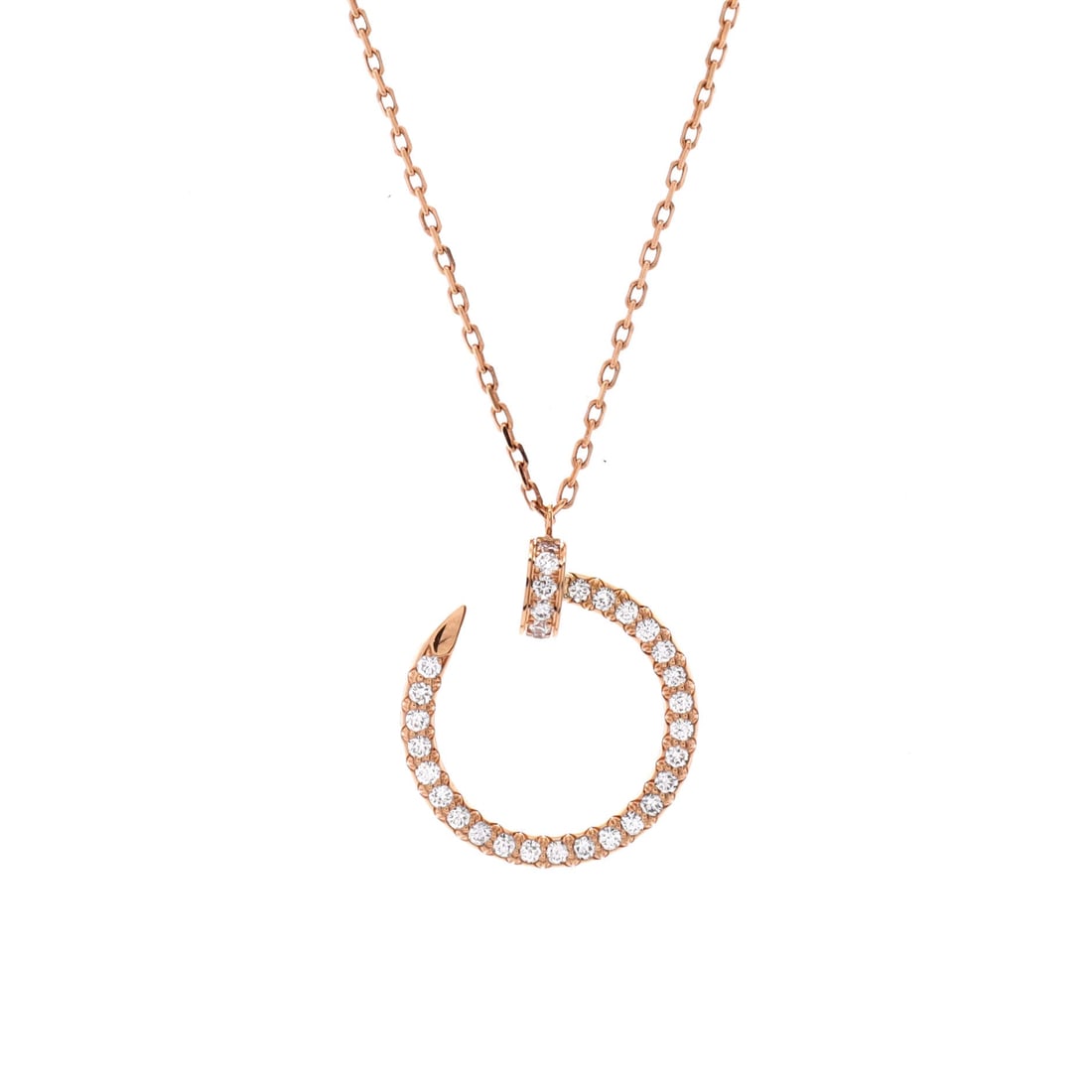 Cartier Juste un Clou Pendant Necklace 18K Rose Gold and Pave Diamonds: The pendant is a closed nail loop, 22.95 mm by 18.6 mm, set with pave and hung on an adjustable rose gold chain running 15.25 to 16 in. That length sits at the base of the throat rather than the colla