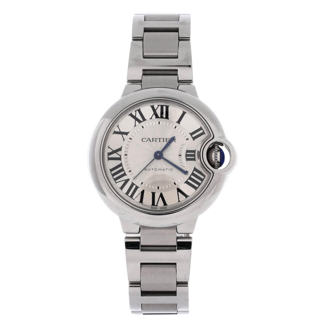 Cartier Ballon Bleu de Cartier Automatic Watch Stainless Steel: Steel, automatic, and 33mm across: this is the Ballon Bleu configuration most people picture, sapphire cabochon protected inside the case profile. A 7 inch bracelet gives it a looser sit, and at 10mm 