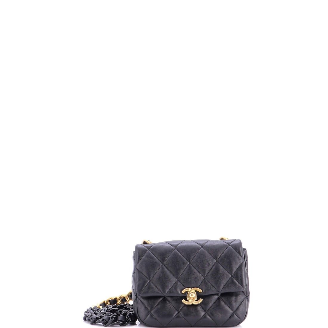 Chanel Lacquered Metal CC Flap Bag Quilted Lambskin: Quilted lambskin, 7 by 5 inches, 2 inches deep: a small flap sized for a phone, cards and a lipstick and little else. What lifts it is the lacquered treatment on the CC turnlock, which reads as color 