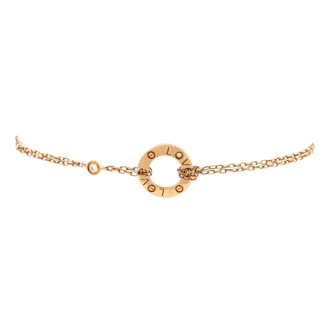 Cartier 2 Diamonds Love Bracelet 18K Yellow Gold with Diamonds: Screw heads march around the yellow gold band until two of them give way to flush diamonds, which is the entire premise of the 2 Diamonds version. This example grades Grade B - Excellent. Yellow gold 