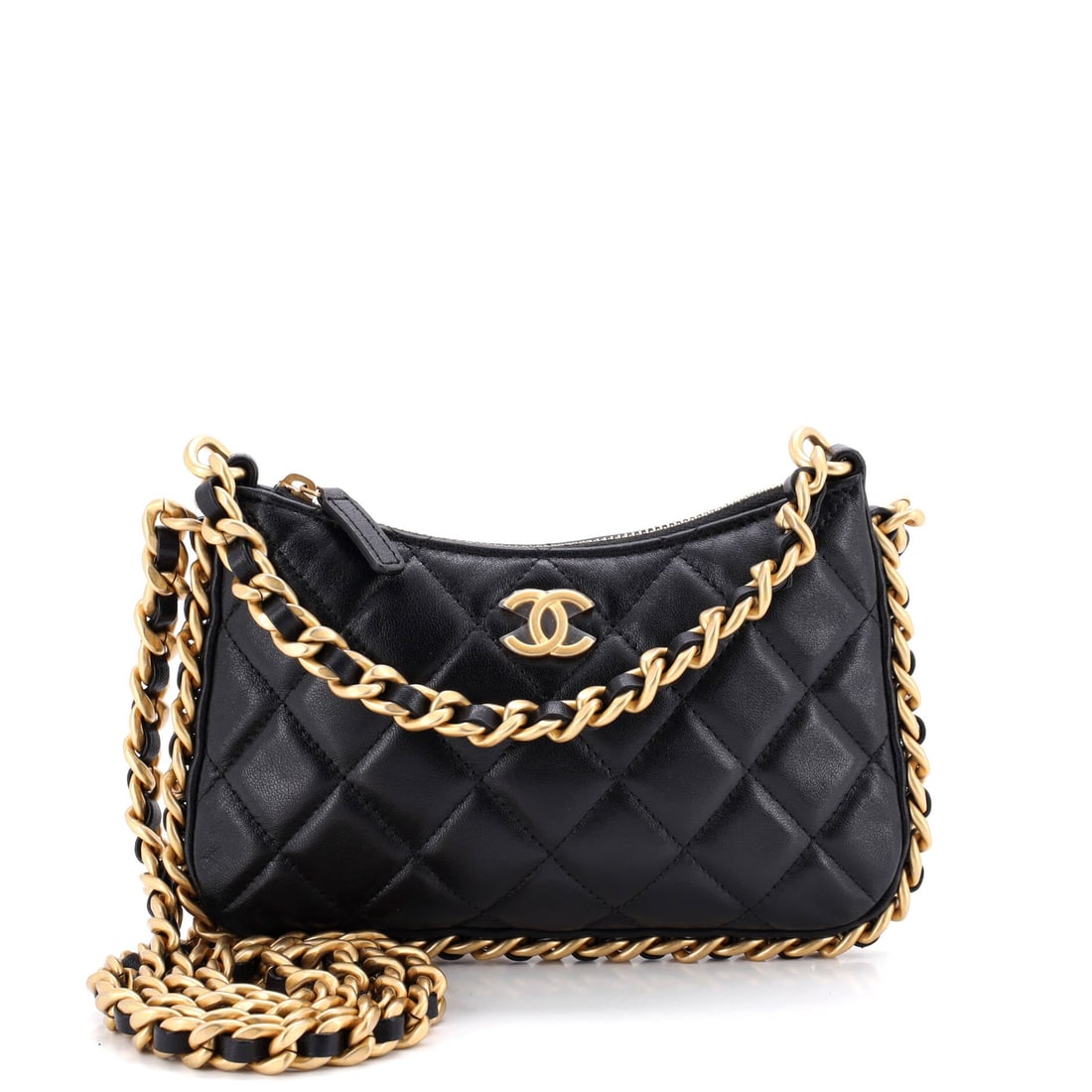 Chanel CC Chain Around Hobo Quilted Lambskin: Cut smaller at W 7.5 x H 4.5 x D 1 in, this Chain Around hobo is the flattest reading of the shape, an inch of depth and nothing more. The chain works two ways: 3.5 inches shortened for a hand or elbo