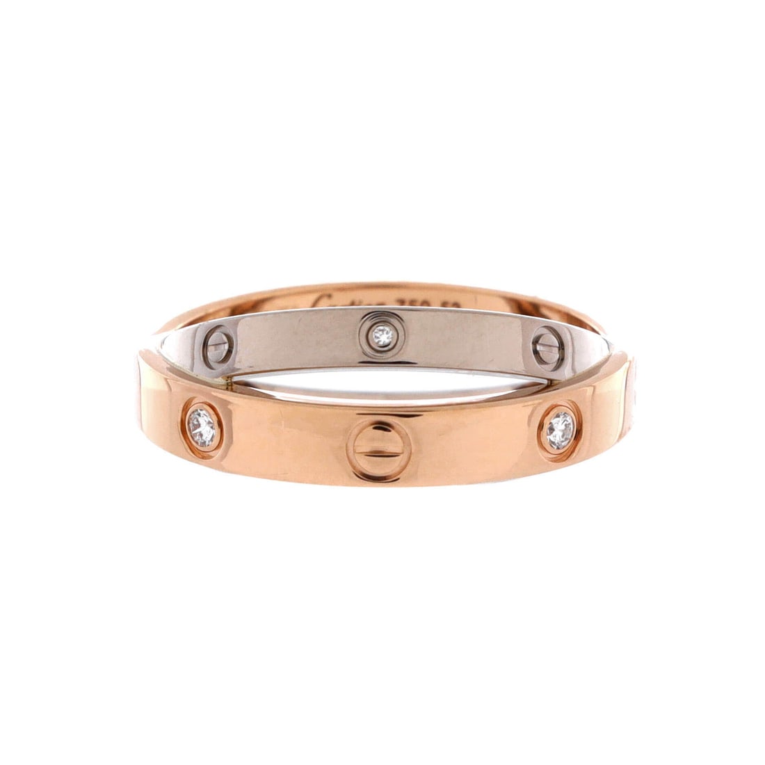 Cartier Love 6 Diamonds Double Ring 18K Rose Gold and 18K White Gold with Diamonds: Two Love bands fused side by side make the Double Ring, one rose gold and one white, with six diamonds split between them. The combined 7.55 mm width covers real ground on the finger and behaves like 