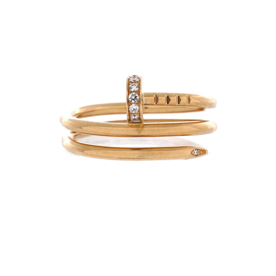 Cartier Juste un Clou Double Ring 18K Yellow Gold and Diamonds: Band width runs to 8.6 mm here, marginally broader than the standard double and enough to notice on the hand. Yellow gold with diamonds, the nail turning twice with the head finishing over the top. Gr