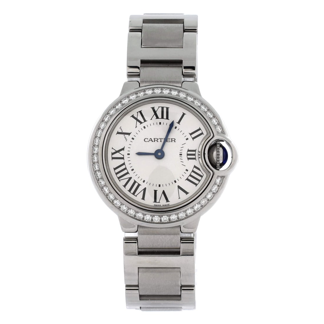 Cartier Ballon Bleu de Cartier Quartz Watch Stainless Steel with Diamond Bezel: A diamond-set bezel rings the 28mm case, the smallest Ballon Bleu size and the one that wears as jewelry before it wears as a watch. Quartz keeps the case to 10mm, and the 14mm bracelet tapers close t