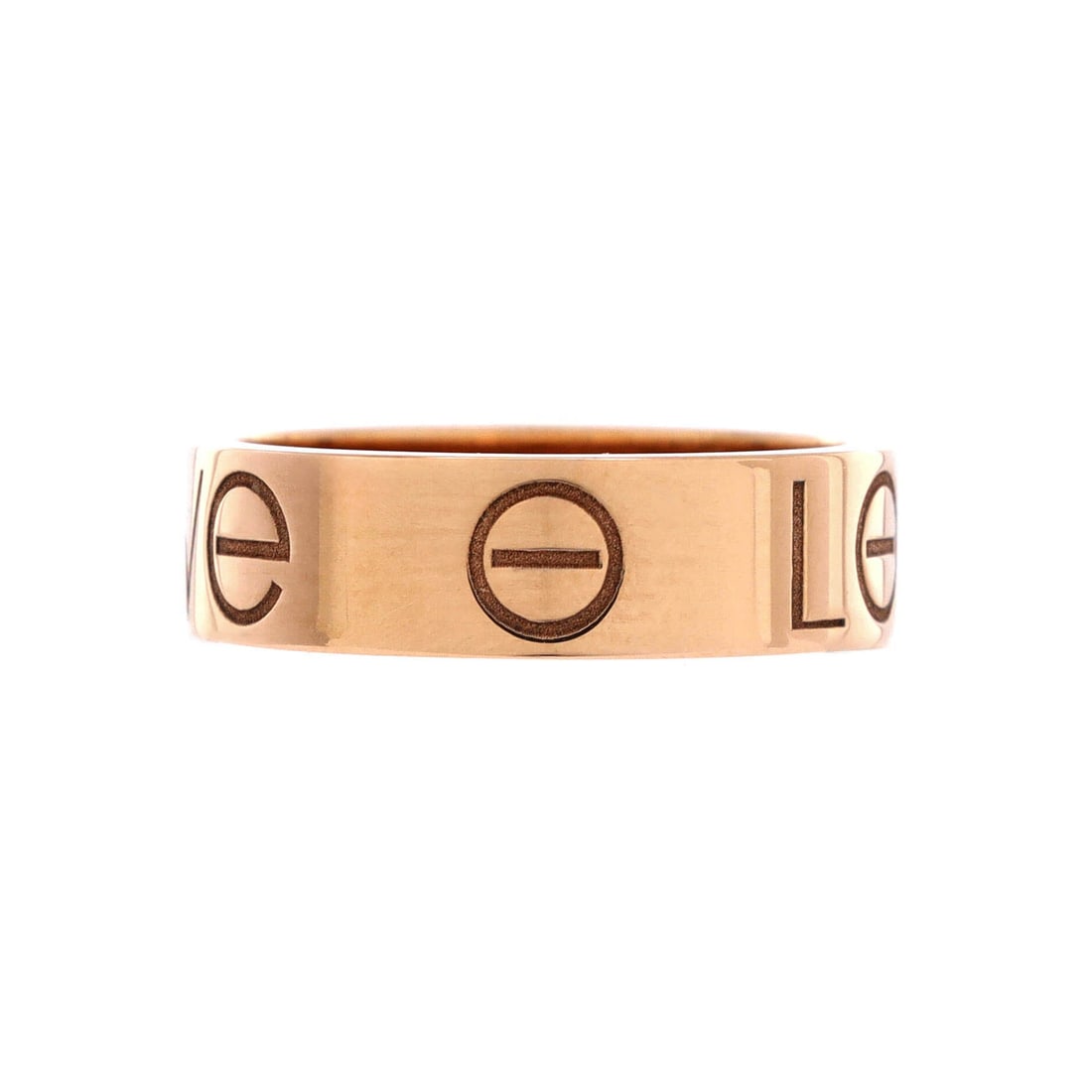 Cartier Engraved Love Band Ring 18K Rose Gold: Engraving runs the length of this 5.4 mm rose gold Love band, giving it more surface interest than the plain version at the same width. Substantial without being heavy, it reads as a wedding band with