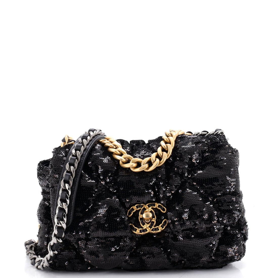 Chanel 19 Flap Bag Quilted Sequins: Sequins across the 19's oversized quilt catch light where calfskin only reflects it, and the diamond pattern stays legible under the embellishment. Ten inches wide and 6 high, it takes evening essenti