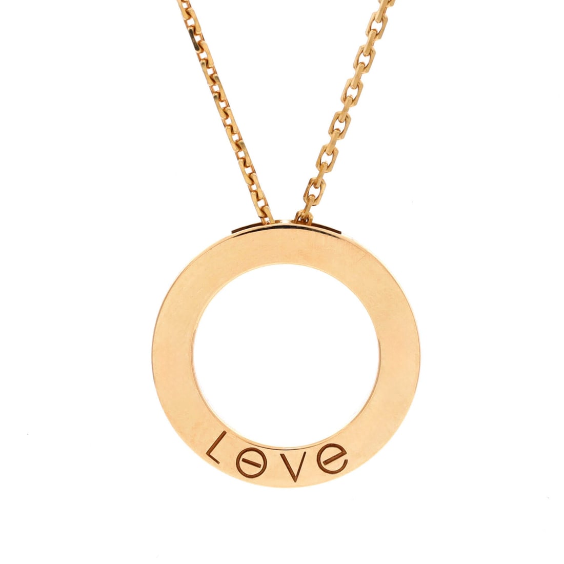 Cartier Love Pendant Necklace 18K Yellow Gold: Yellow gold and a 23.55 mm circle: the Love pendant asks nothing more of its design than the screw motif repeated around a ring. The chain adjusts between 15.5 and 16.5 in, so it can sit at the throat