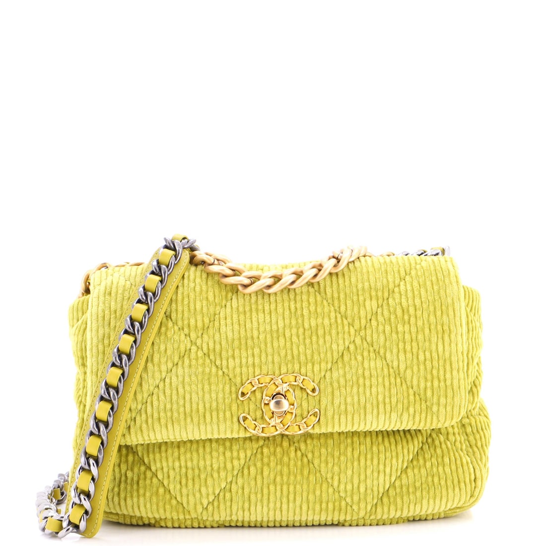 Chanel 19 Flap Bag Quilted Corduroy: Ribbed corduroy quilted into the 19's diamond grid reads softer and colder-weather than calfskin does. Grade B - Excellent. The 10 by 6.5 inch body with a 3 inch base is the size most bidders want, en