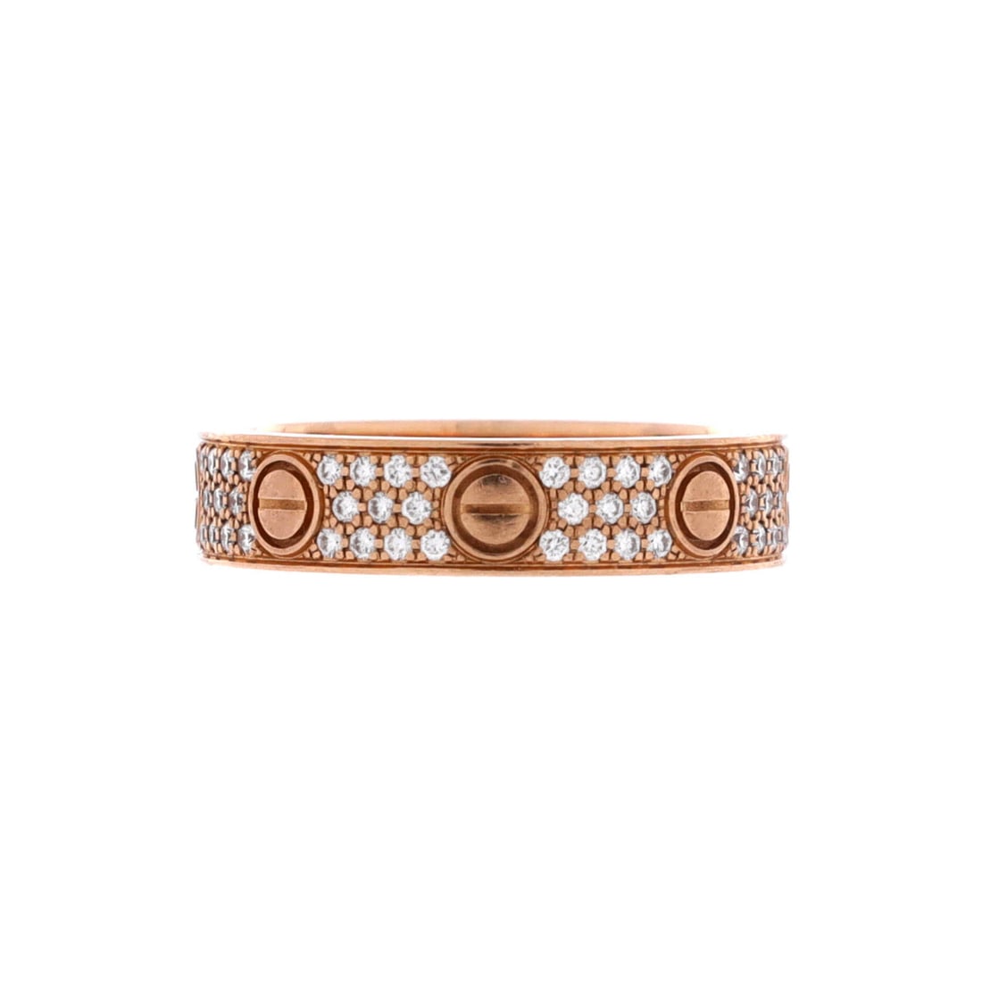Cartier Love Wedding Band Pave Diamonds Ring 18K Rose Gold and Diamonds: Pave across the full 4 mm width leaves almost no rose gold visible on this Love wedding band, the screw motif reading through the stones rather than beside them. That breadth makes it a solo ring more