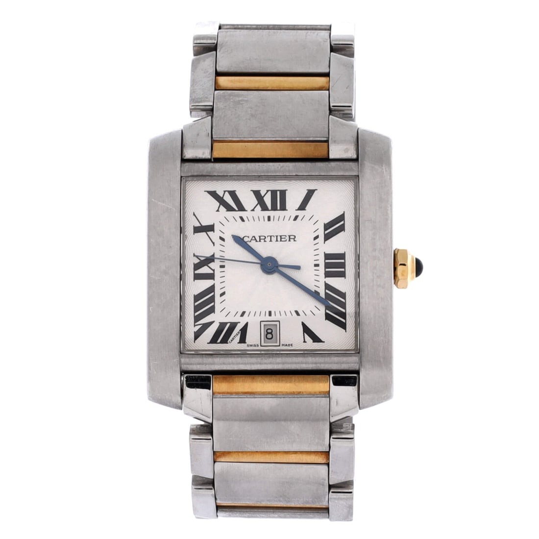 Cartier Tank Francaise Automatic Watch Stainless Steel and Yellow Gold: Two-tone breaks the Francaise bracelet with gold worked through the centre against steel outers, which changes how the flat links catch light. The 28 mm case at 8 mm thick sits mid-size, though a 5.5 