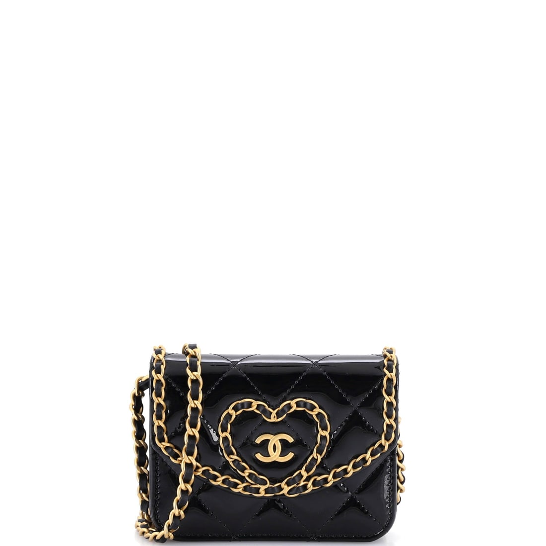 Chanel Heart Chain Flap Bag Quilted Patent: Patent leather does the heavy lifting here, throwing light across quilting that curves to follow the heart outline. Five inches wide by 3.5 high puts this at the generous end of the shape, with 2 inch