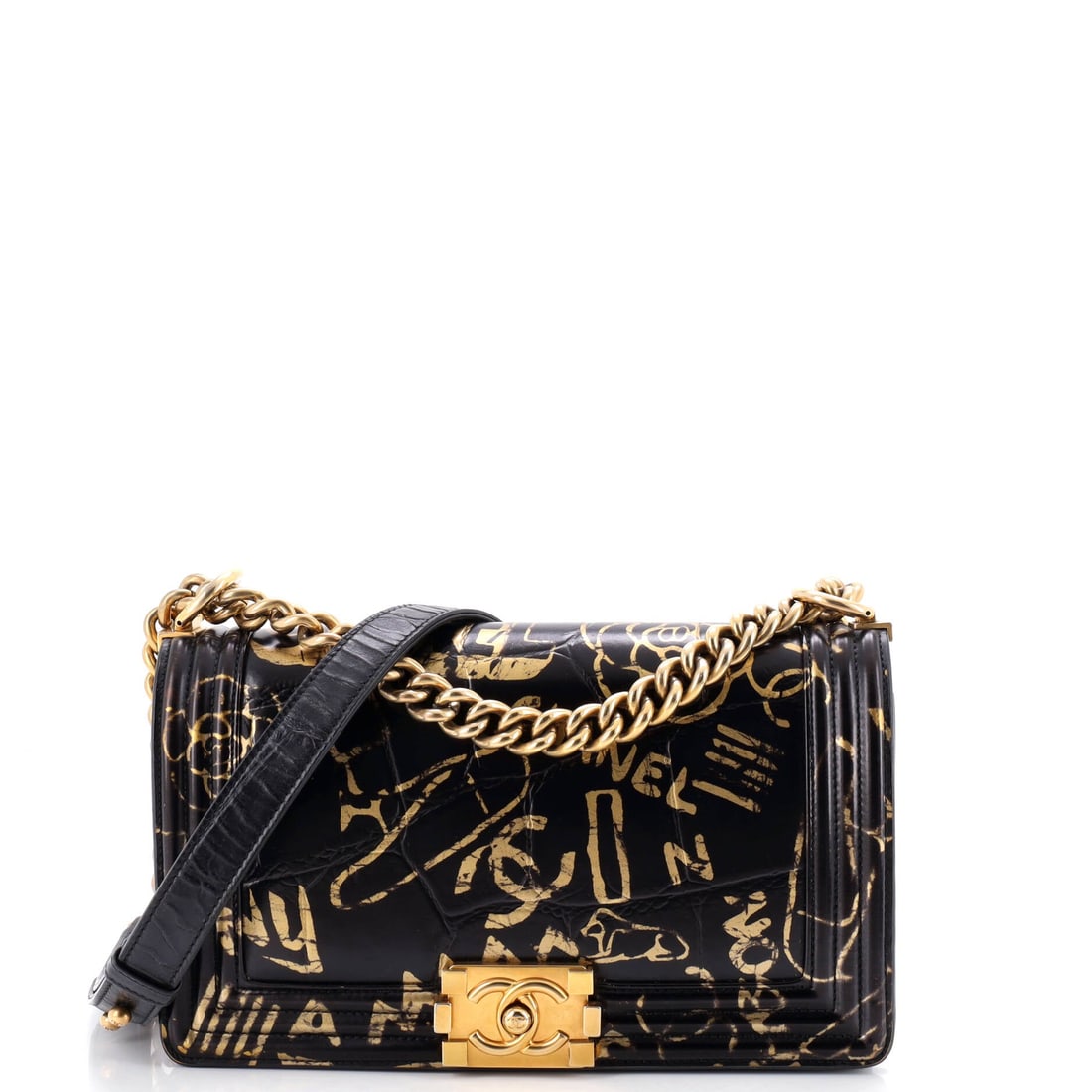 Chanel Boy Flap Bag Graffiti Crocodile Embossed Calfskin: Crocodile-embossed calfskin under a graffiti treatment pushes the Boy away from its quilted default toward something louder, and the squared frame carries the print without crowding it. The larger 10 