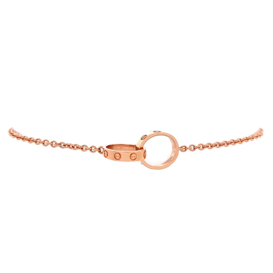 Cartier Love Interlocking Bracelet 18K Rose Gold: The interlocking double circle is the most restrained idea in the Love line, and on a chain bracelet it delivers the vocabulary without the commitment of a bangle screwed shut. Cartier executes it her