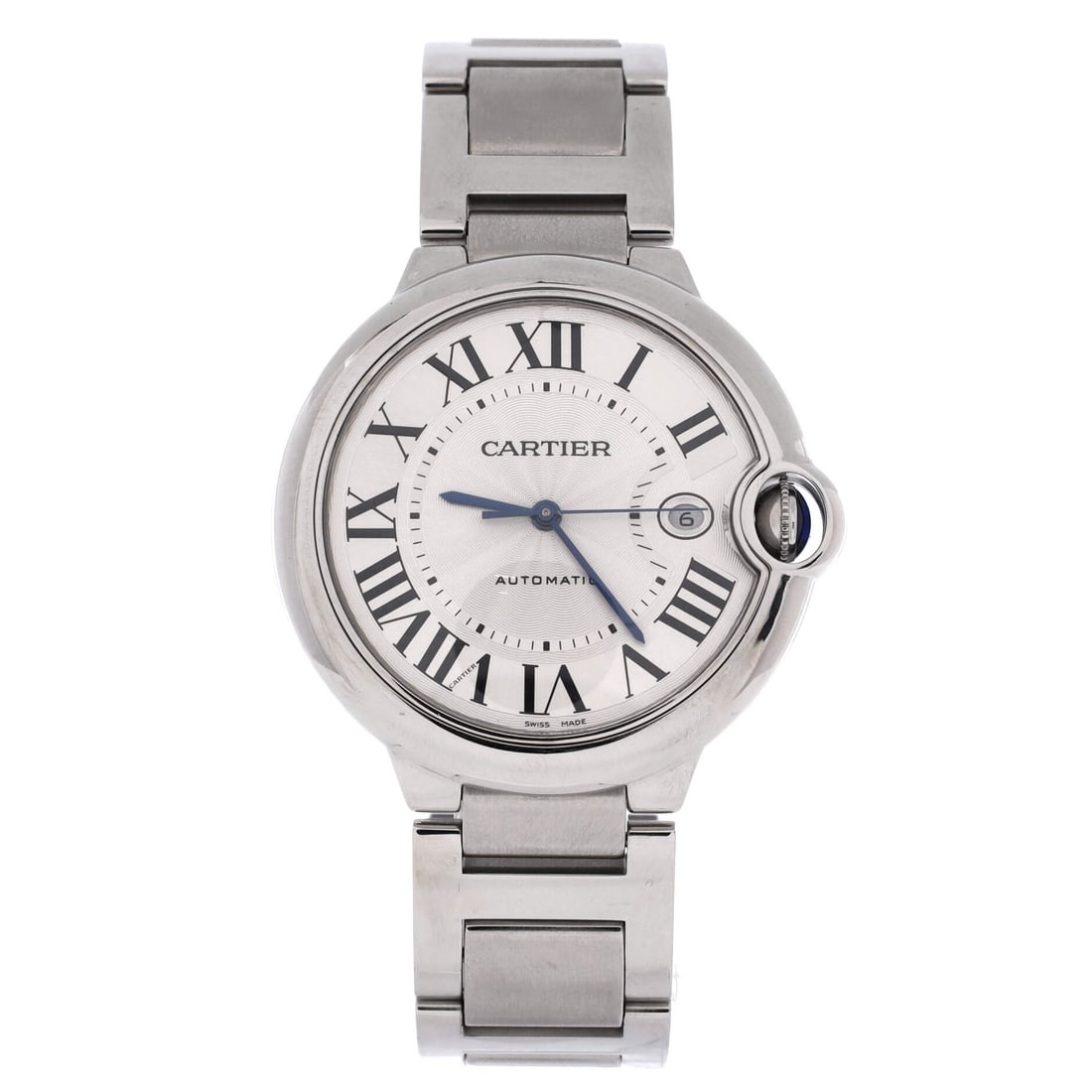 Cartier Ballon Bleu de Cartier Automatic Watch Stainless Steel: Scaled up to 42mm, this Ballon Bleu takes the larger proportion, 13mm thick on a 20mm bracelet and fitted to an 8 inch wrist. The curved case and swollen lugs mean it wraps a bigger wrist rather than 