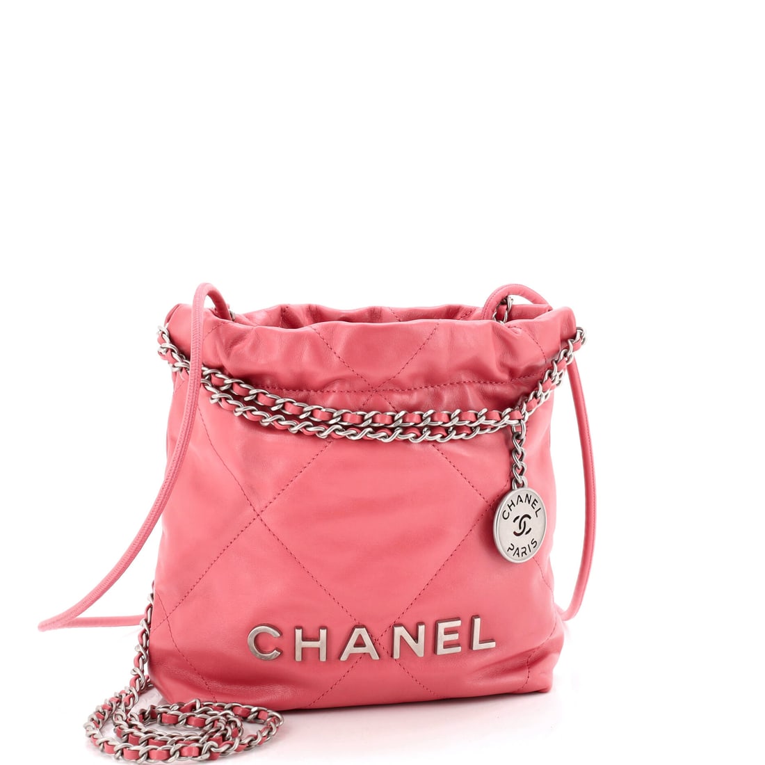 Chanel 22 Chain Hobo Quilted Calfskin: Compact 22s live or die on proportion, and this one balances at 7 in wide, 7.5 in tall and 2.5 in deep. Quilted calfskin gives it the slouch the line is built on even at this size. Shows as Grade B - 
