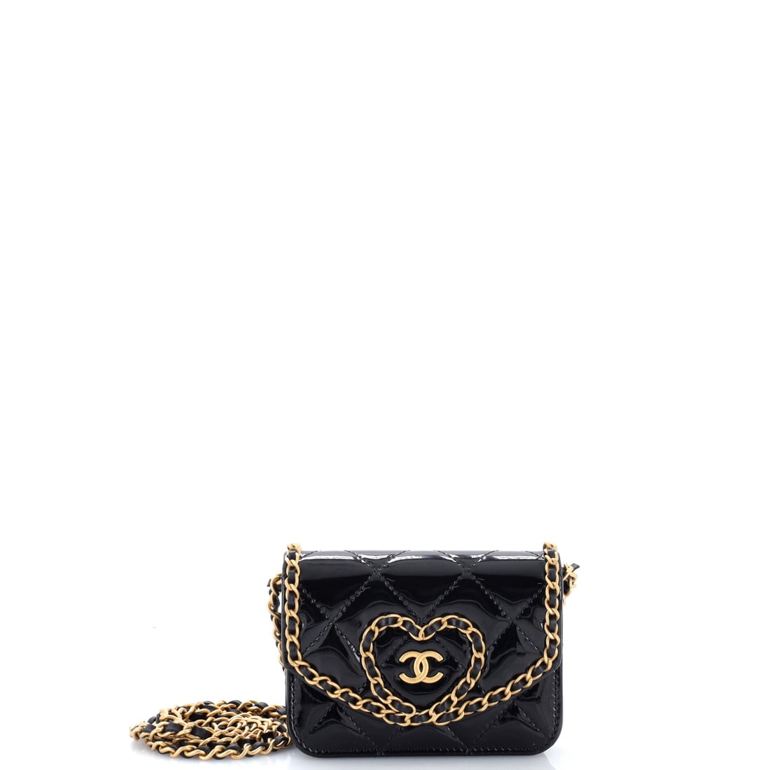 Chanel Heart Chain Flap Bag Quilted Patent: The chain turns this heart into a wearable object rather than a curio, a 5 by 3.5 inch novelty made hands-free for the evening. Two inches deep, it takes keys, a lipstick and a folded card and decline
