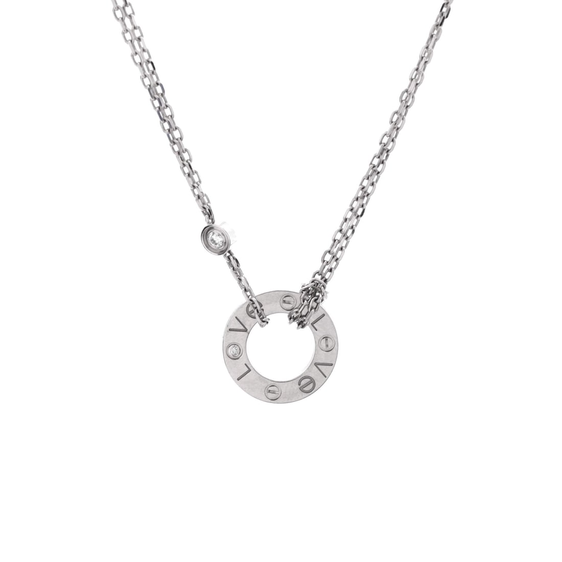 Cartier 2 Diamonds Love Pendant Necklace 18K White Gold with Diamonds: Cool metal and flush stones make this the discreet reading of the Love pendant, with two diamonds set into a 13 mm white gold square. The 15 to 16 inch chain holds it above the neckline of most shirts