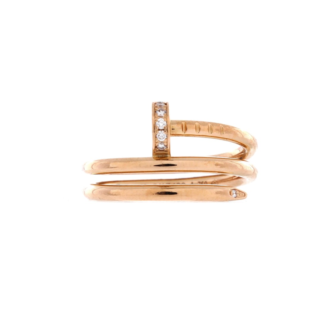 Cartier Juste un Clou Double Ring 18K Rose Gold and Diamonds: Slimmer than most double rings at 4.5 mm, this reads closer to two fine bands than a cuff for the finger. Rose gold with diamonds gives it warmth and a little glitter at close range. Grade C - Very Go