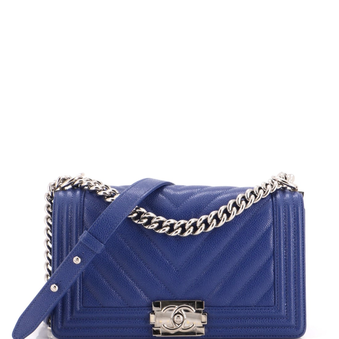 Chanel Boy Flap Bag Chevron Caviar: Structure holds this larger Boy in line: 10 inches across, 6 high, 3 deep, with a rigid frame that keeps the rectangle even when loaded. Chevron caviar reads quieter than diamond quilting at this scal