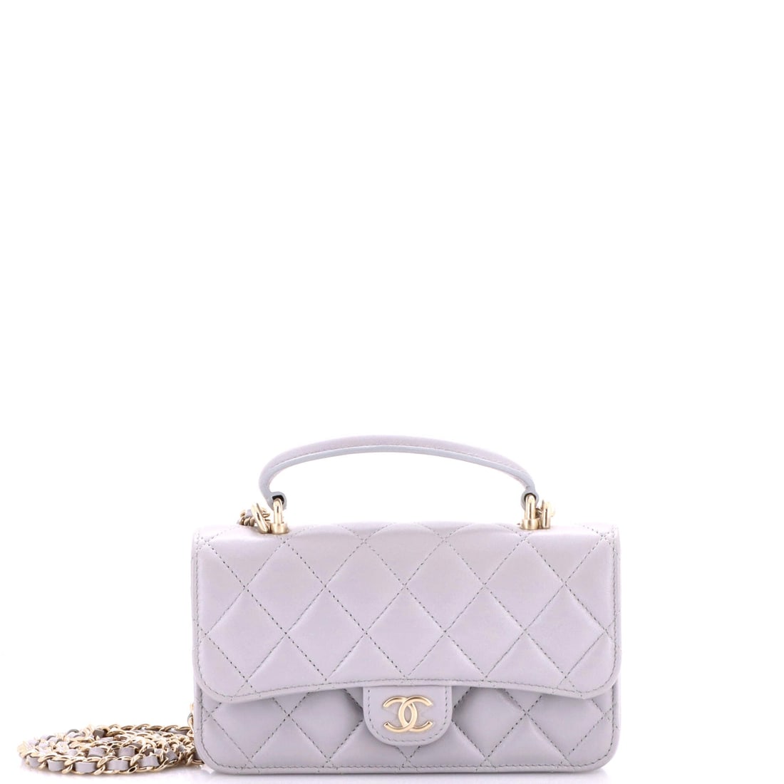 Chanel Classic Top Handle Flap Phone Holder with Chain Quilted Lambskin: Chain carry plus a top handle makes this a two-way piece, useful when a phone holder has to double as a going-out bag. Quilted lambskin at 6.5 by 4 inches with 1.5 inches of depth fits a phone, cards 