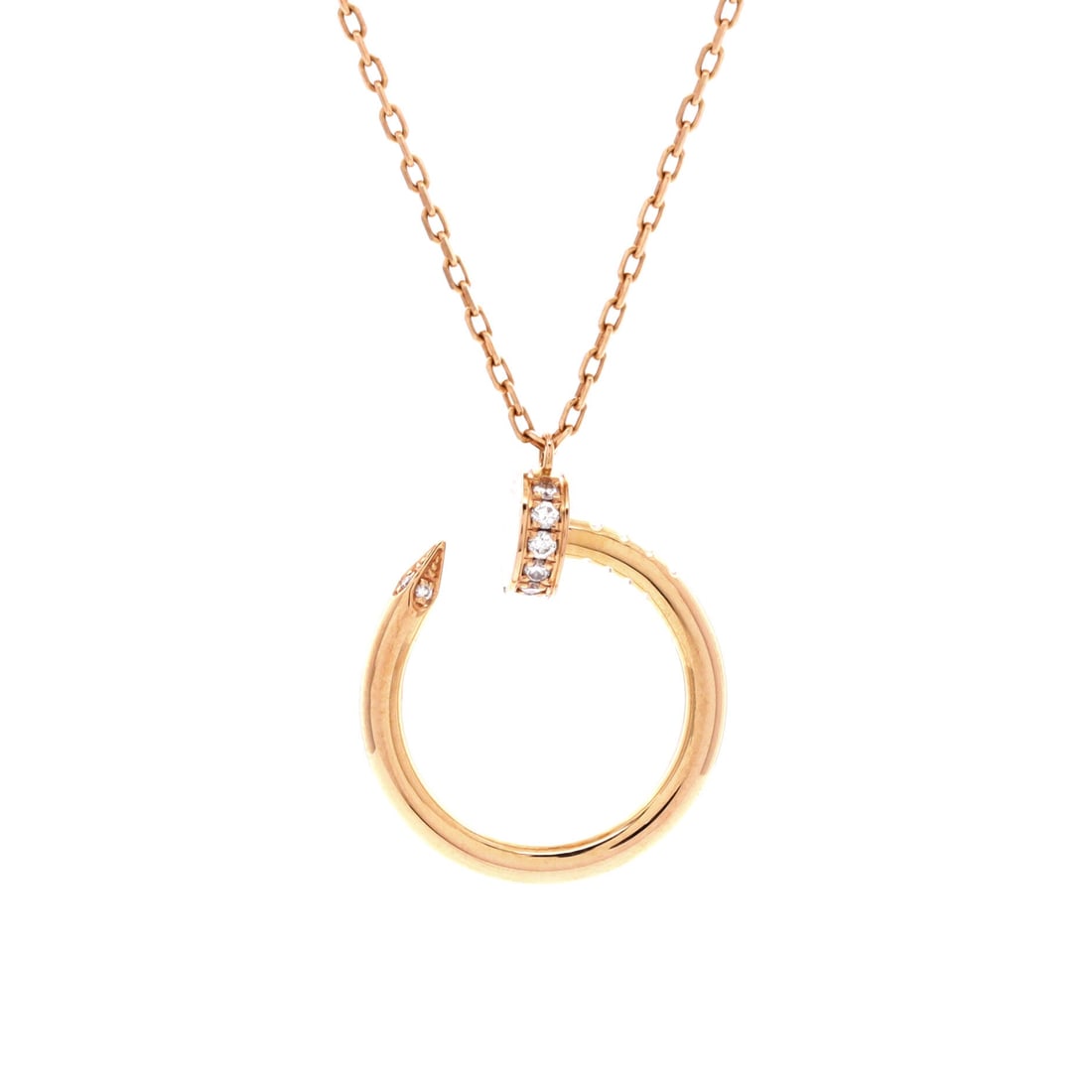 Cartier Juste un Clou Pendant Necklace 18K Rose Gold with Diamonds: Cartier's nail loop pendant in rose gold with diamonds, 22.7 mm by 18.3 mm, on an adjustable 15.25 to 16 in chain. Grade C - Very Good, with polish wear to the pendant and some dulling along the chain