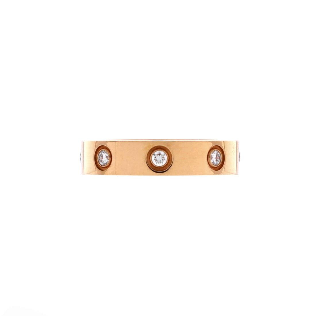 Cartier Love Wedding Band 8 Diamonds Ring 18K Rose Gold with Diamonds: Flush-set stones and screw heads share the 3.95 mm face of this rose gold Love band, which is why it survives daily wear better than a raised-setting ring. Its grade is Grade C - Very Good, so expect 