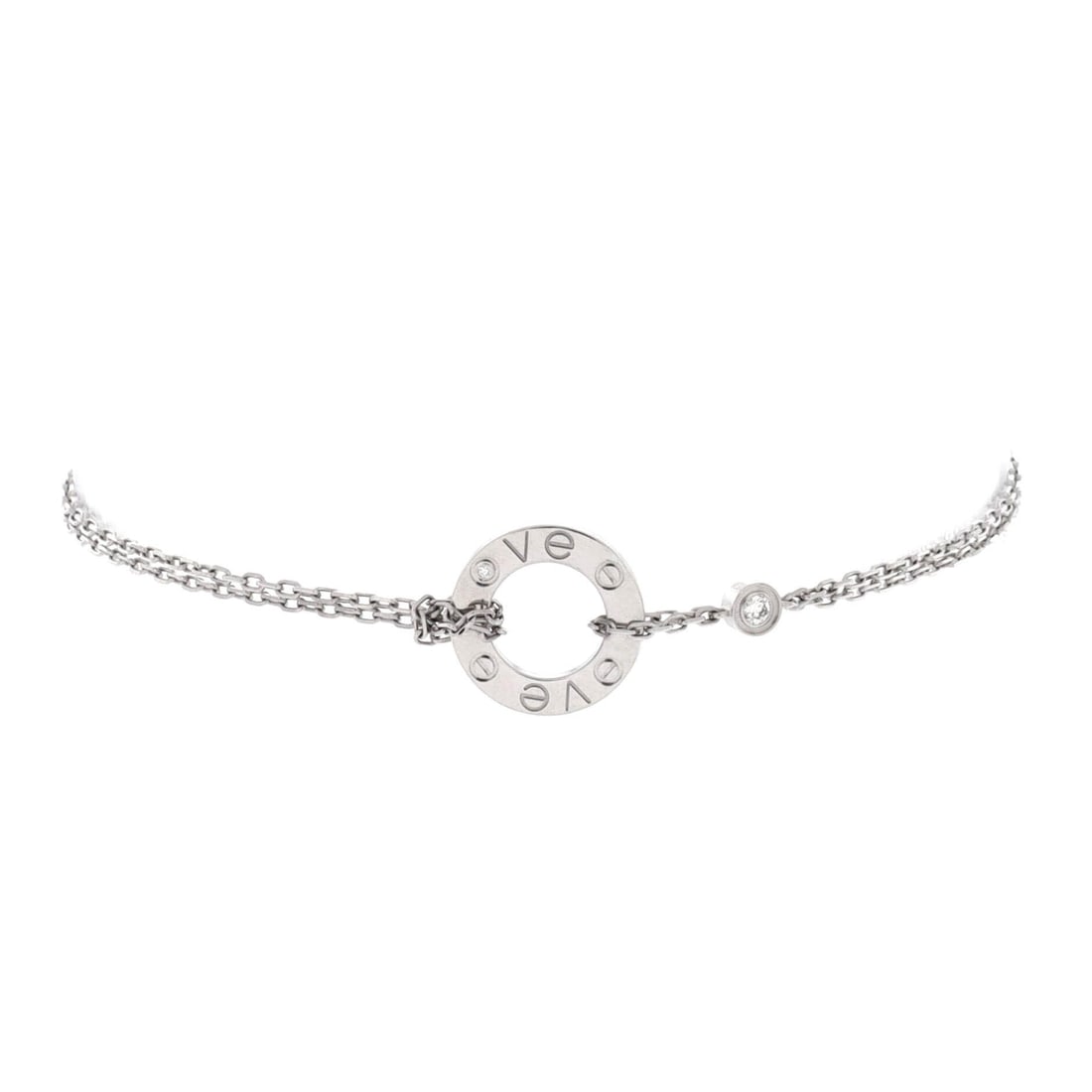 Cartier 2 Diamonds Love Bracelet 18K White Gold with Diamonds: Two brilliant-cut diamonds interrupt the screw sequence on this white gold Love bracelet, a small break in a pattern most bidders can identify across a room. Offered in Grade B - Excellent condition. 