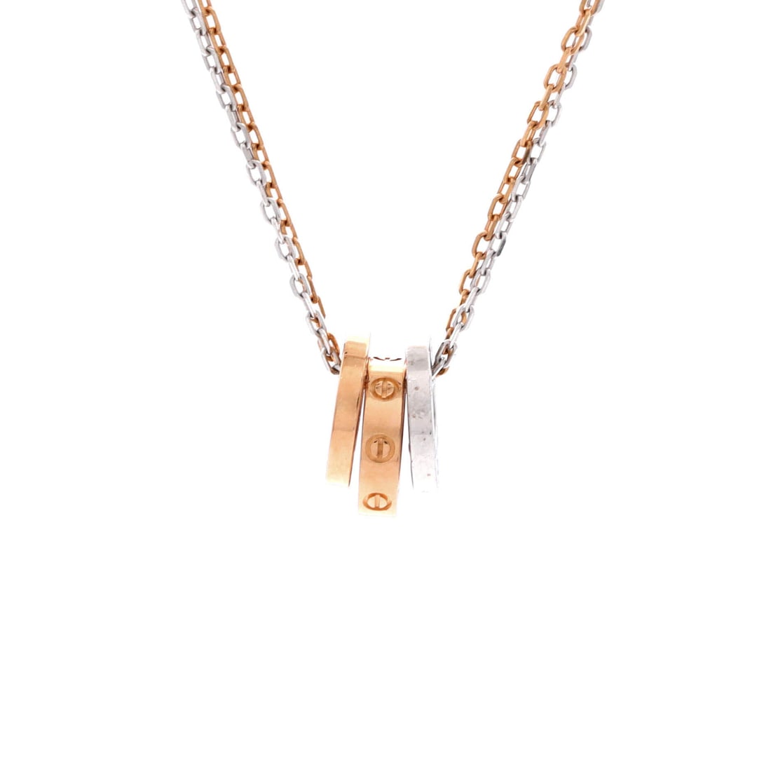 Cartier Love 3 Ring Pendant Necklace 18K Rose Gold and 18K White Gold with 6 Diamonds: The three-ring Love pendant links rose and white gold in a single moving cluster, six diamonds catching light from different planes as it turns. Chain length runs 15 to 16 inches, so it wears as a cho