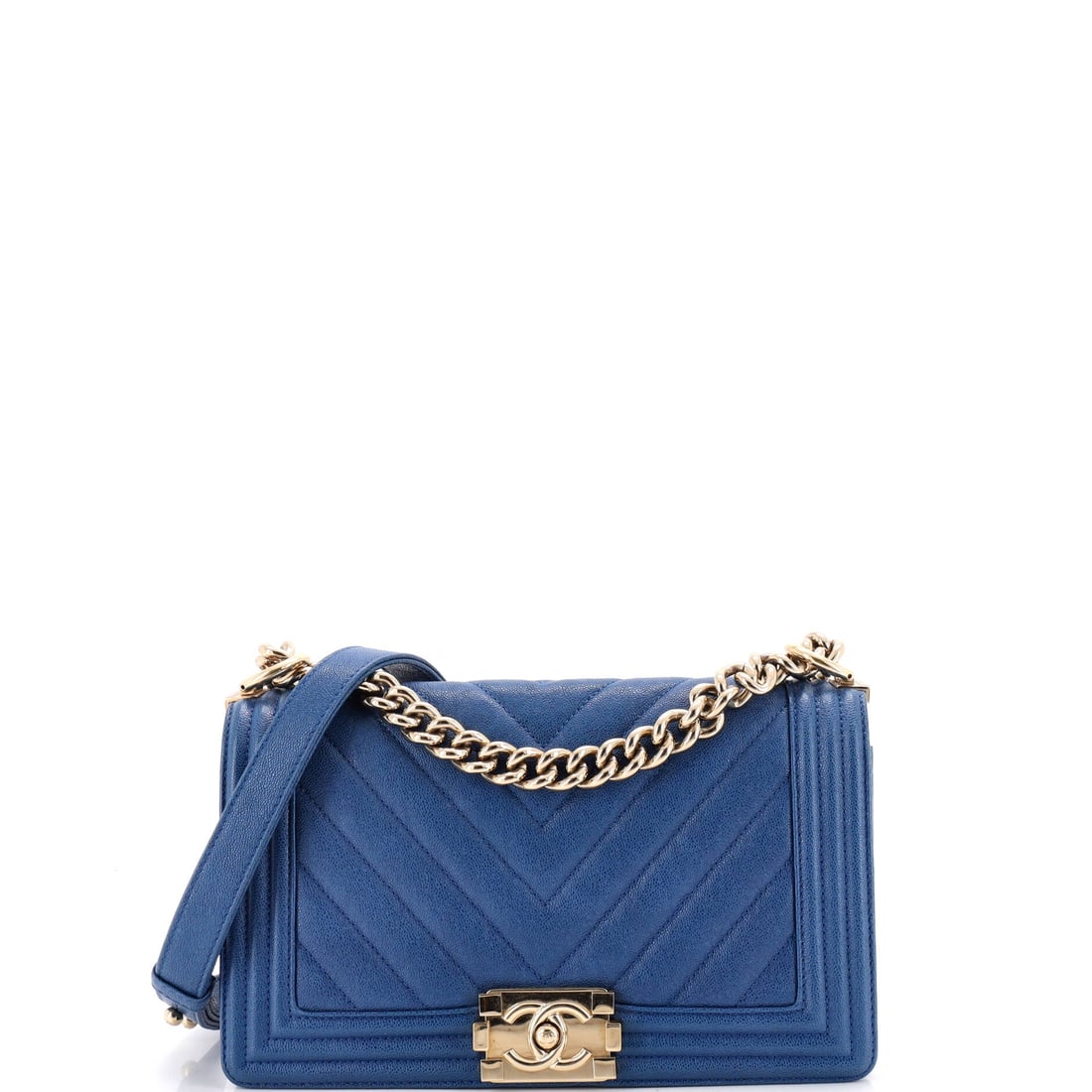 Chanel Boy Flap Bag Chevron Caviar: The push-lock on a 10 inch Boy has proportion on its side, sitting large against a 6 inch high front without crowding it. Chevron caviar takes the wear of daily use better than lambskin at this size, 