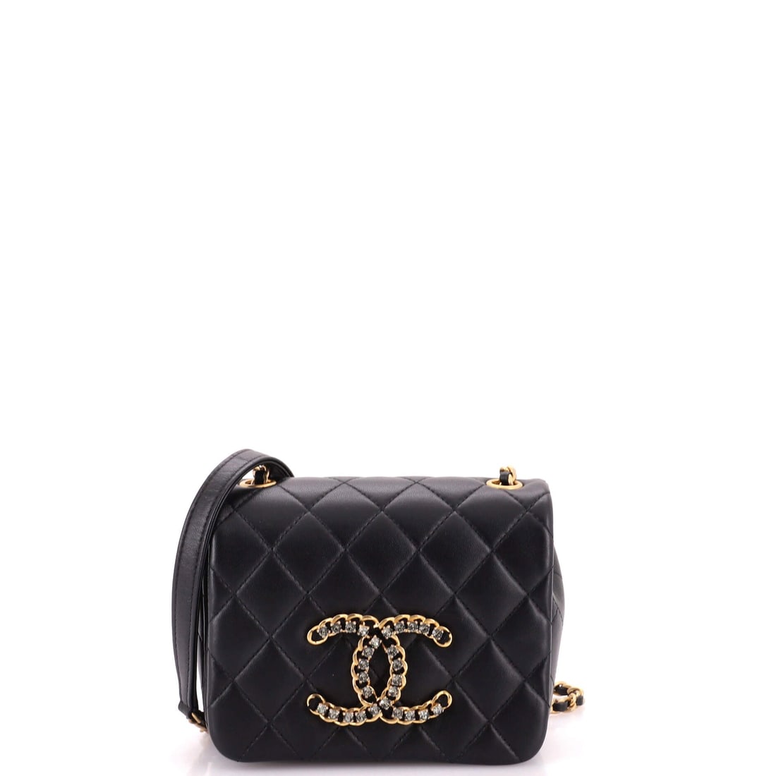 Chanel Crystal CC Full Flap Bag Quilted Lambskin: Small proportions define this one, 5.5 inches wide and 4.5 high with a 2 inch depth, which puts the crystal CC closure at the centre of a compact face. The 23.5 inch strap gives a long crossbody drop,