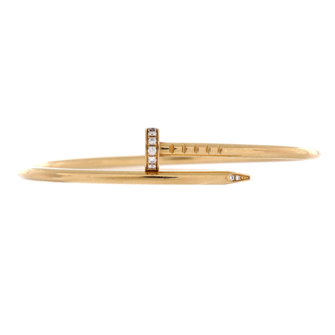 Cartier Juste un Clou Bracelet 18K Yellow Gold with Diamonds: Pave brightens the wrapped nail without changing its line, and on this yellow gold example the 2.5 mm width keeps everything tightly scaled. Grade C - Very Good, which on a stone-set piece means check