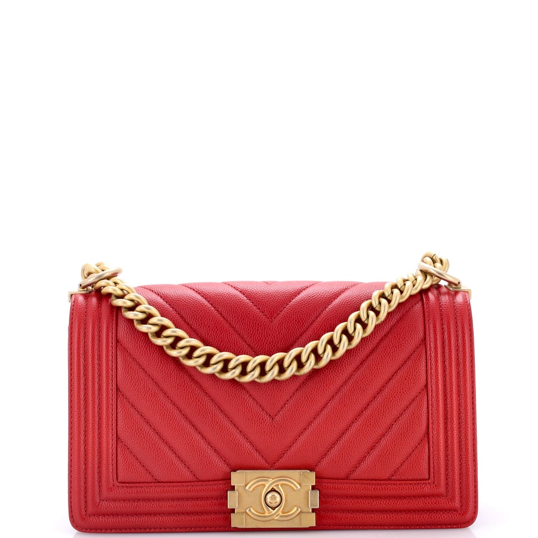Chanel Boy Flap Bag Chevron Caviar: At 9.5 inches across and 6 high, this chevron caviar Boy lands just under the largest sizes, a useful half-step for anyone who finds the big one too much. The bag arrives Grade B - Excellent. Depth of
